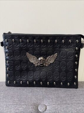 Men's Black Skull-Embossed Winged Skull Clutch